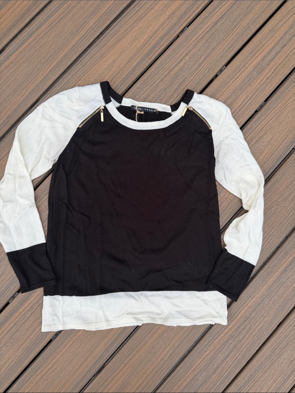 Ivanka Trump Black and White Colorblock Sweatshirt with Gold Zips